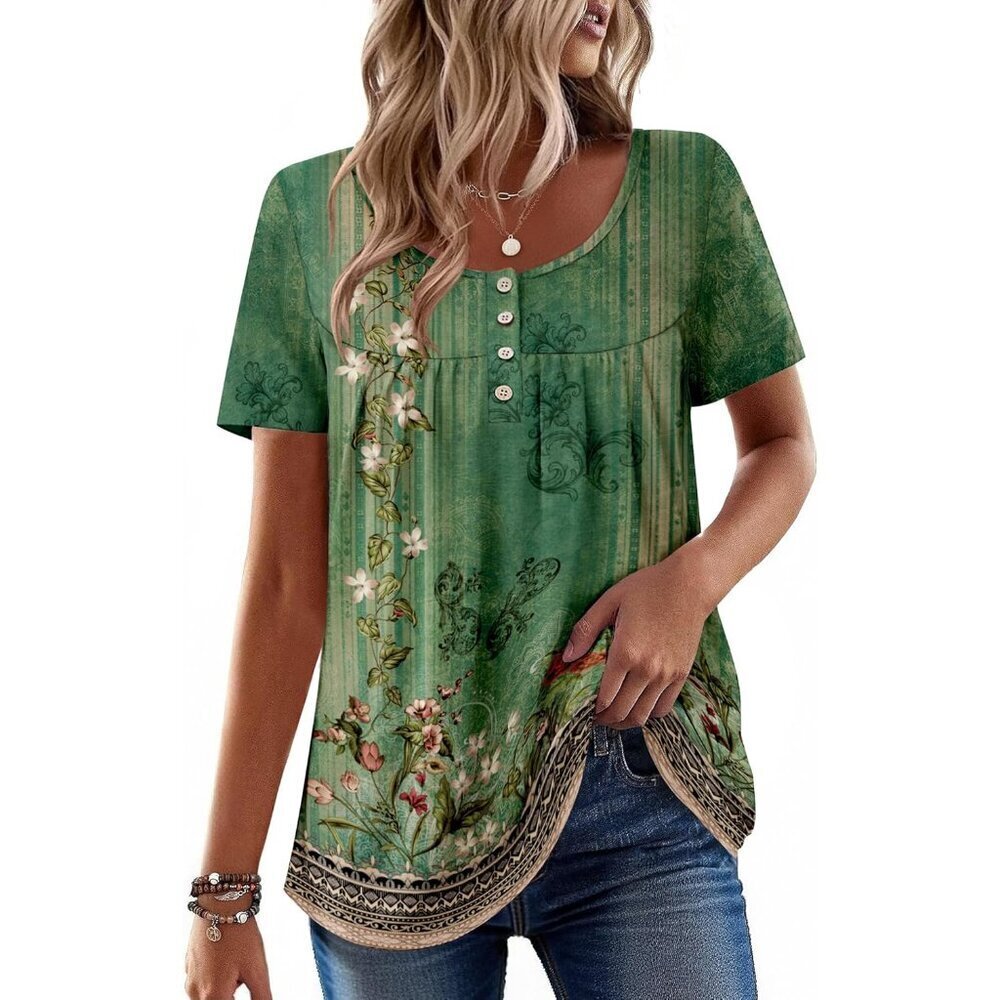 Women Floral Summer Tunic Top Loose Fit Short Sleeve Casual Dressy
